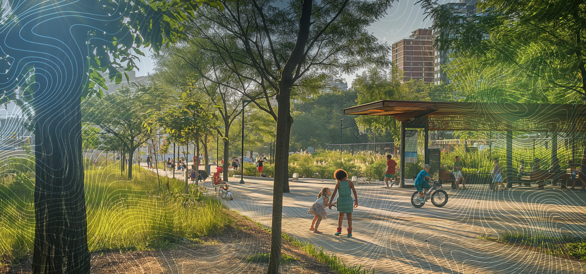Urban park with shaded mass transit station